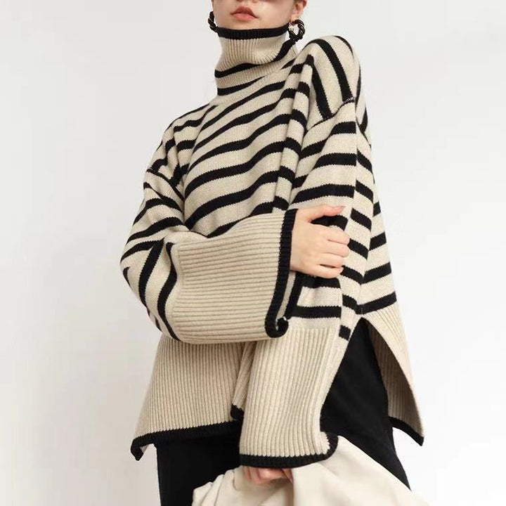 Kvinder chunky strik turtleneck sweater med maritimt stribemønster og afslappet snit Stilla