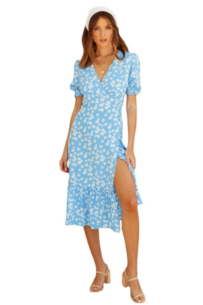 Dame Floral Wrap Midi Kjole med Volangkant Stilla