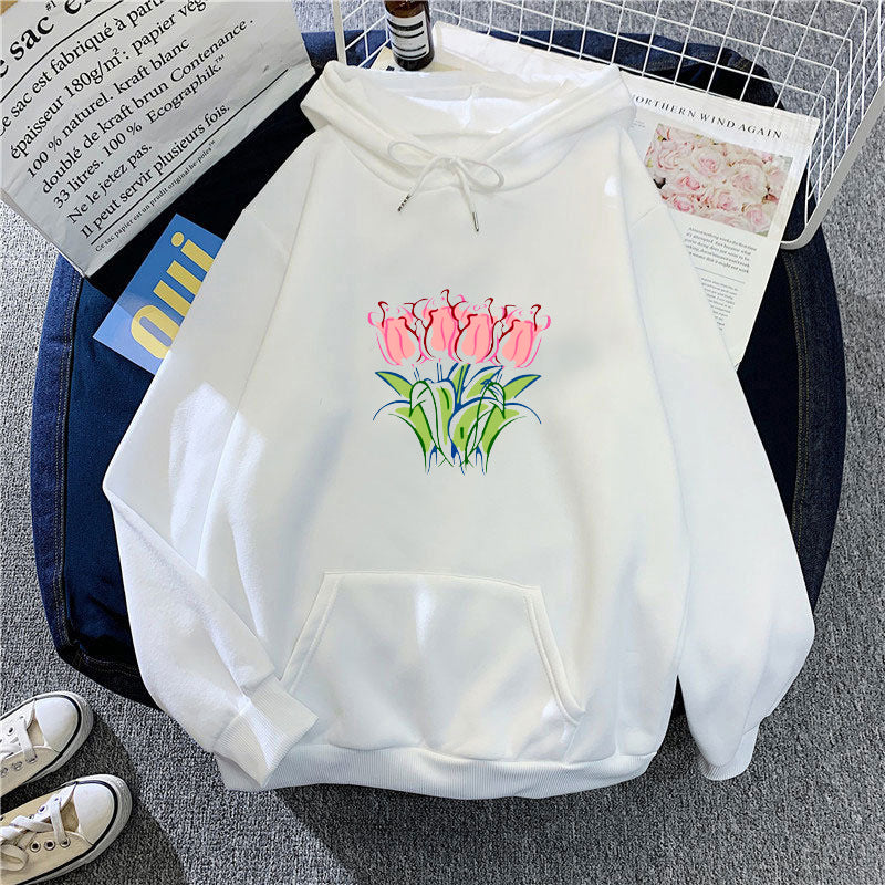 Kvinders hættetrøje med blomster tulipan motiv Skovae