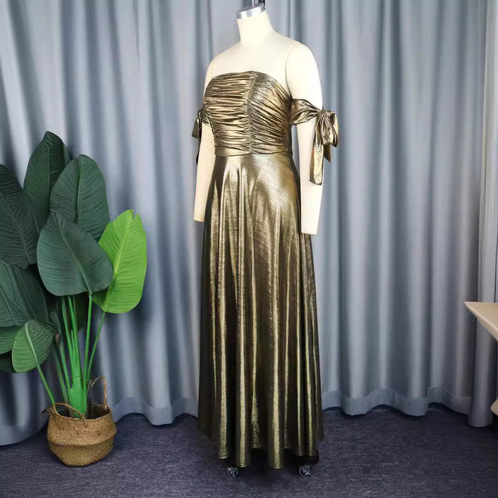 Dame Elegant maxikjole med ruched overdel og skinnende ærmer Skovae
