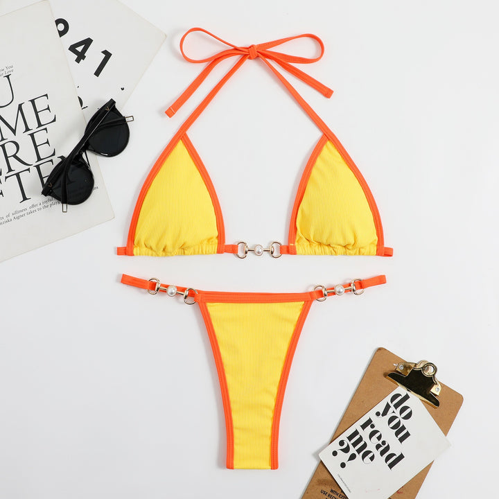 Dame Ribbed Trekant Bikini Sæt med justerbare bånd og dekorative accenter Stilla