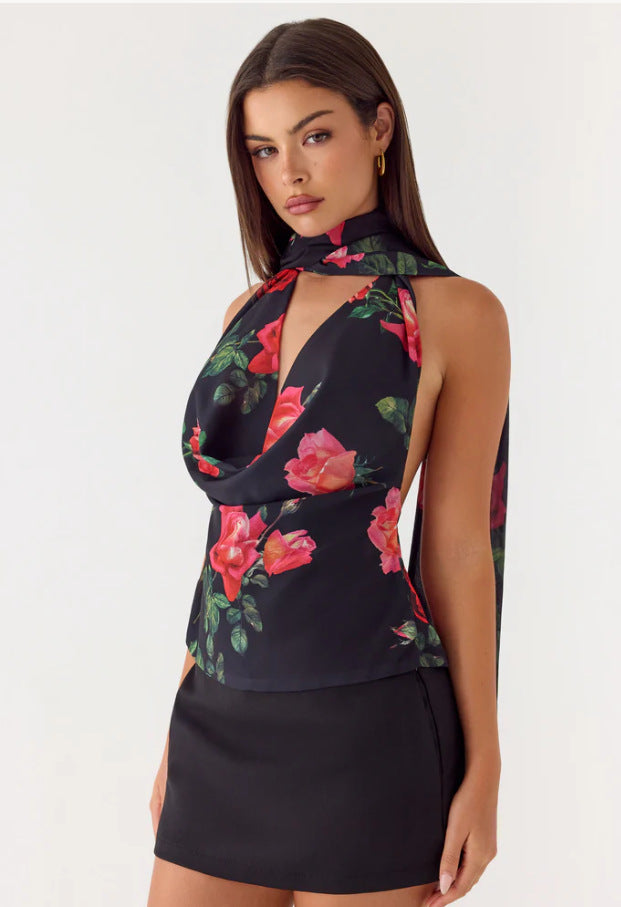 Damer Elegant chiffon-top med blomsterkrave og dyb udskæring Skovae