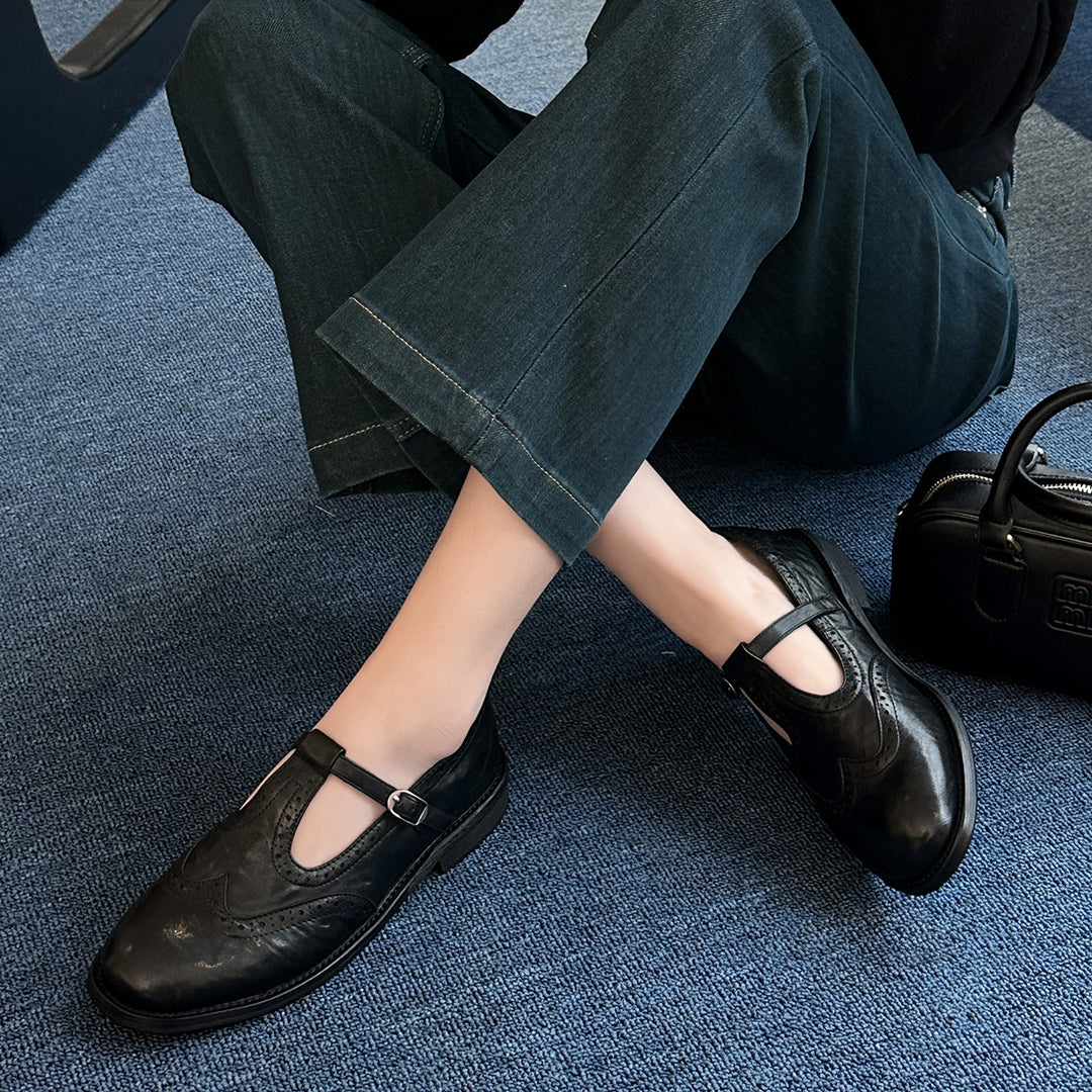 Femme Elegant T-Strop Brogue Flad Stilla