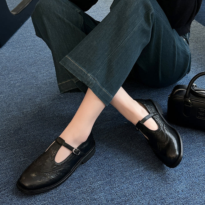 Femme Elegant T-Strop Brogue Flad Stilla