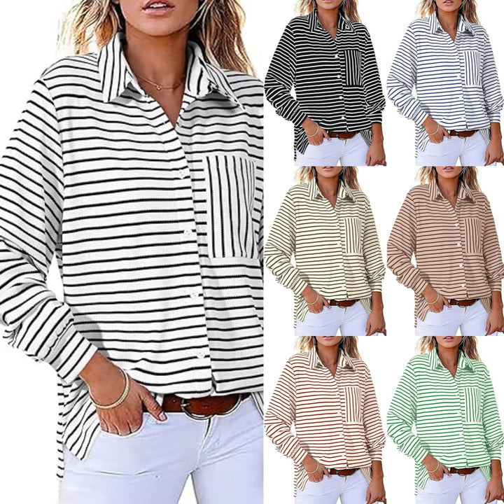 Damer Casual Stribet Bluse med Lomme og Knapstolpe Stilla