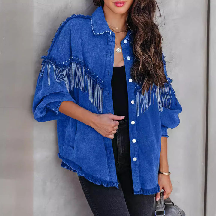 Dame Oversized Denim-Jakke med dekorative frynser og stilfulde perler Stilla