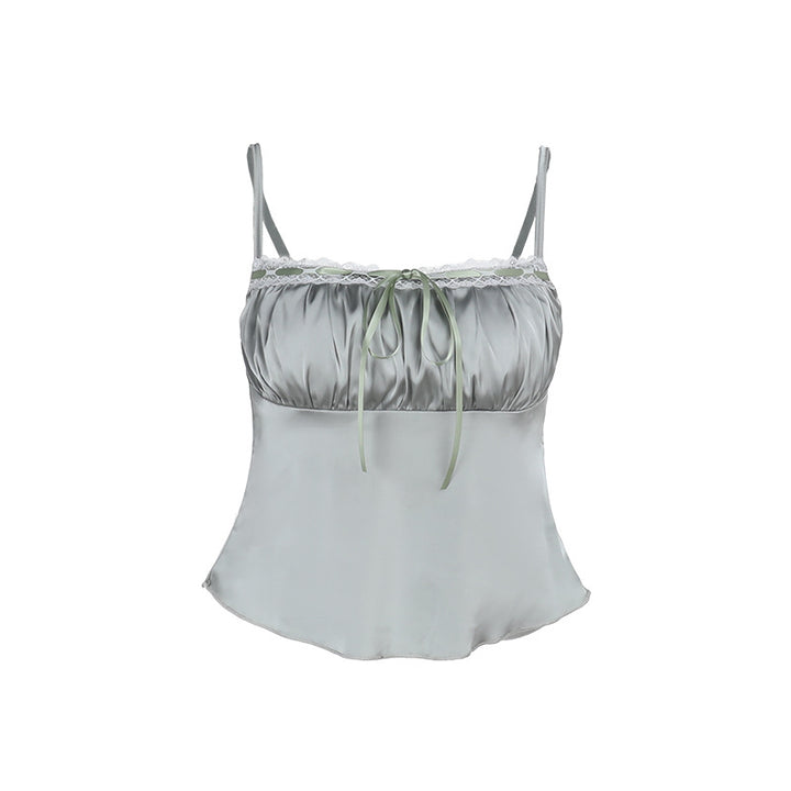 Damer satin top med justerbare spaghetti stropper og blonder trim Skovae