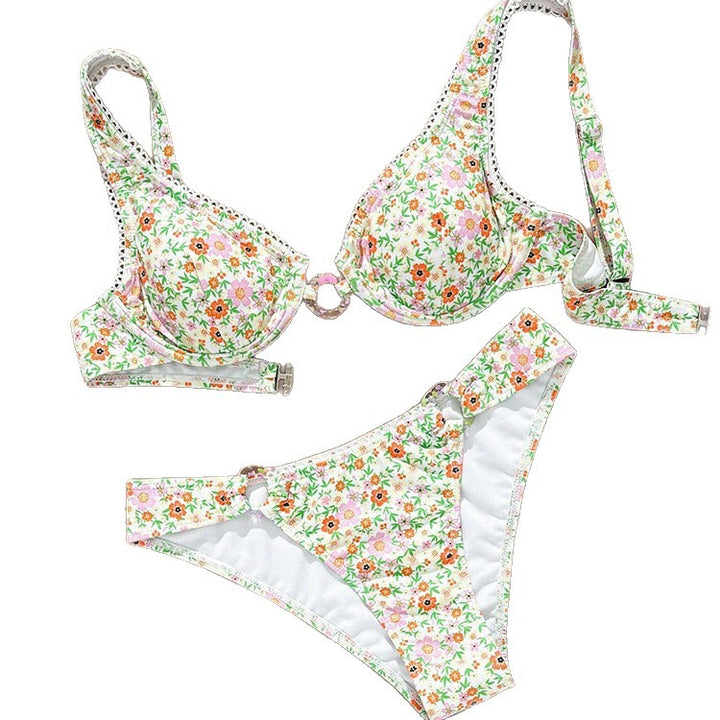 Dame trekant-bikini med gennemsigtige stropper og legesyg blomstermønster Skovae