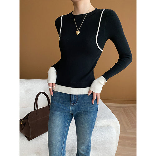Damer elegant rundhals sweater med kontrasterende ærmer og fin ribbet tekstur Stilla