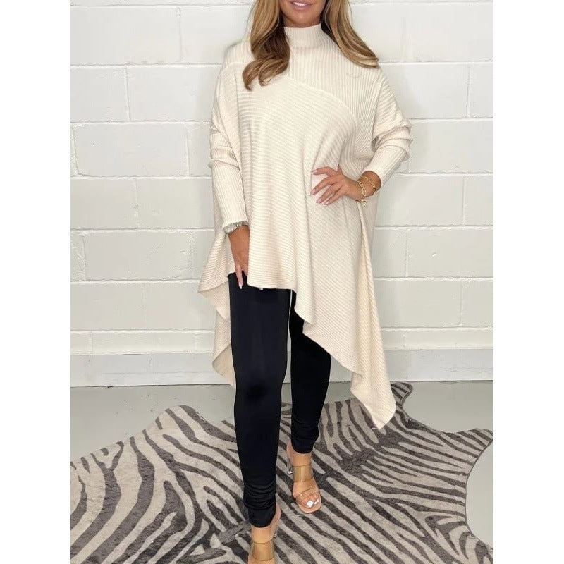 Dame Oversized Strikpullover med asymmetrisk kant og høj krave Stilla