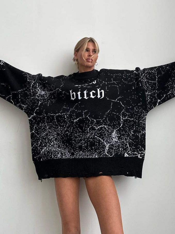 Dame Oversized Strikpullover med afslappede trykdetaljer og modemæssig vask Stilla