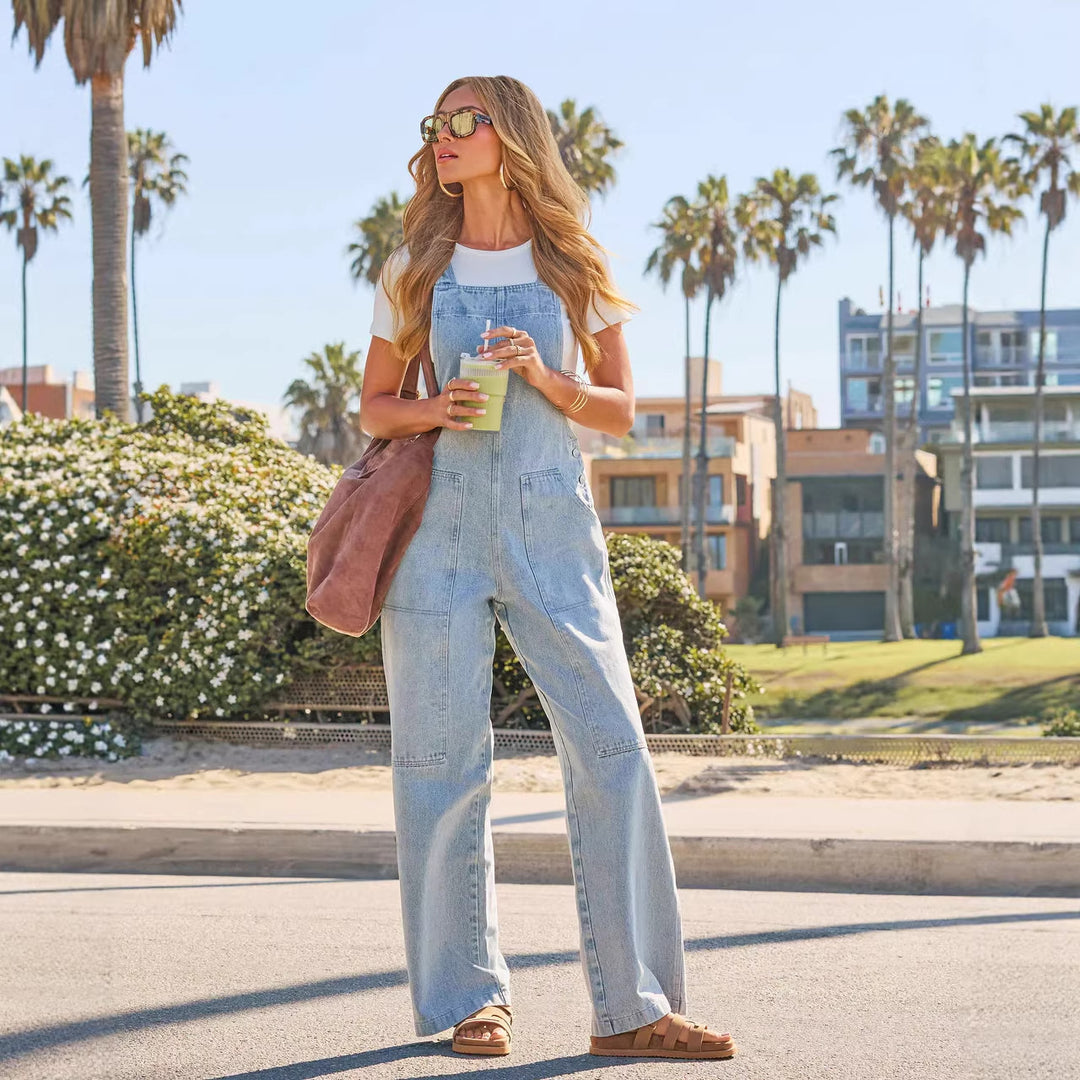 Dame løse denim jumpsuits med brede ben og praktiske lommer Skovae