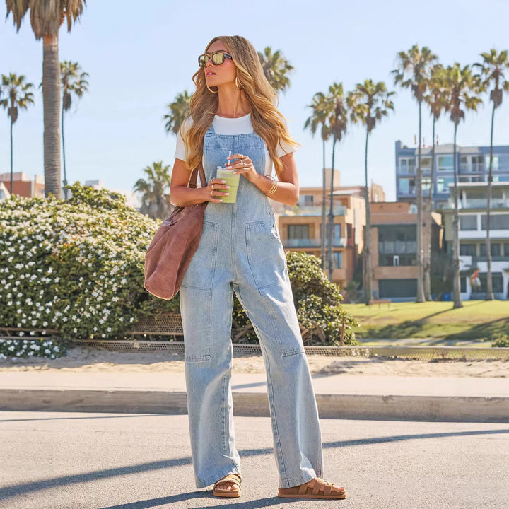 Dame løse denim jumpsuits med brede ben og praktiske lommer Skovae