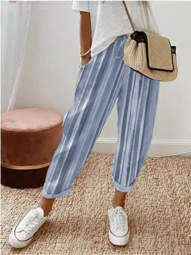 Dame afslappet stribet culotte-style bukser med elastisk talje og sidelommer Stilla