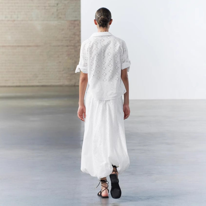 Femme Eyelet Detalje Knap-Op Bluse Stilla