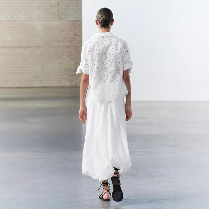 Femme Eyelet Detalje Knap-Op Bluse Stilla