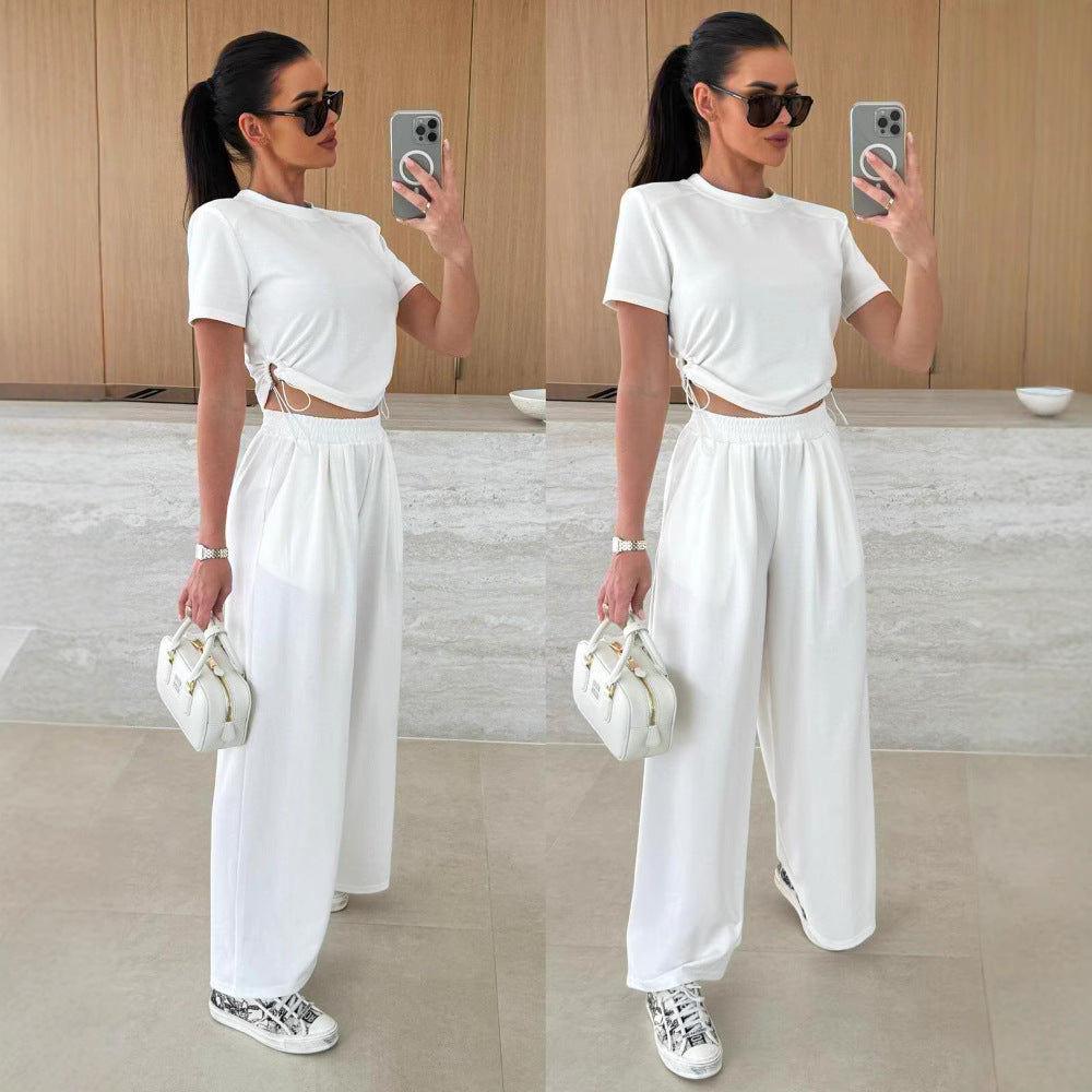 Dame Casual Cropped Top og Vidbenede Bukser Sæt Stilla