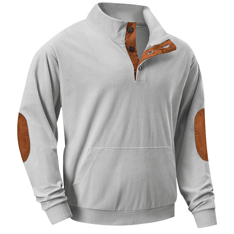 Herrer nan ribbet rullekrave sweater med knaplukning, kengurulomme og ruskindsalbuepatche Skovae