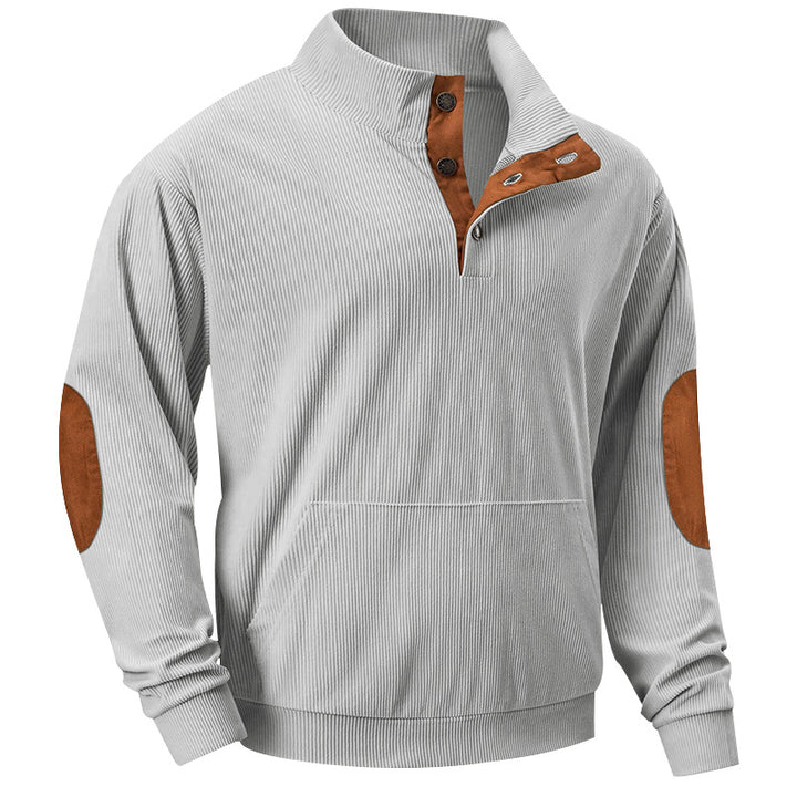 Herrer nan ribbet rullekrave sweater med knaplukning, kengurulomme og ruskindsalbuepatche Skovae