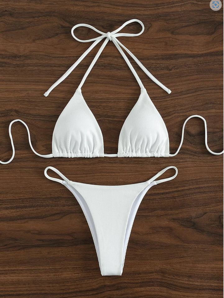 Dame Ribstrik Trekant-Bikini-Sæt med justerbare Bindebånd Stilla1750244089