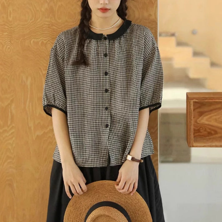 Dame Vintage Gingham Knap-Up Skjorte Stilla