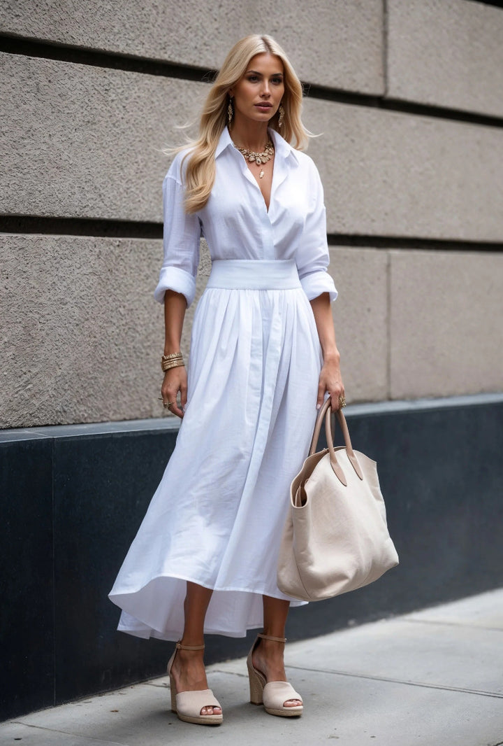 Dame skjortekjole med elegant talje og flydende skirt Stilla