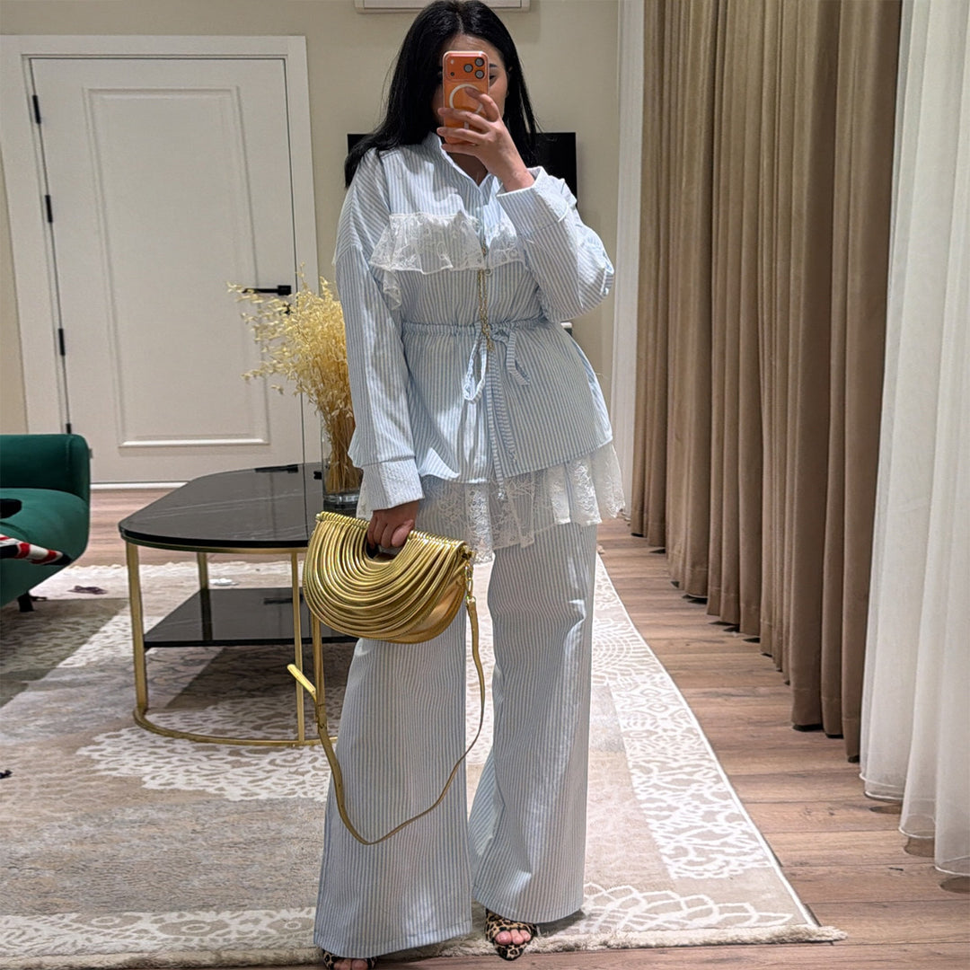 Damer casual-elegant sæt med ruffle detaljer og høj talje Skovae