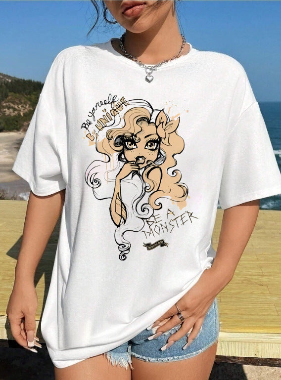 Dame T-shirt med kunstnerisk skeletmotiv og unikt tryk Skovae