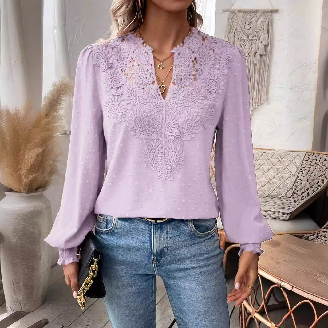 Dame elegant bluse med hulbroderi og voluminøse ærmer Stilla