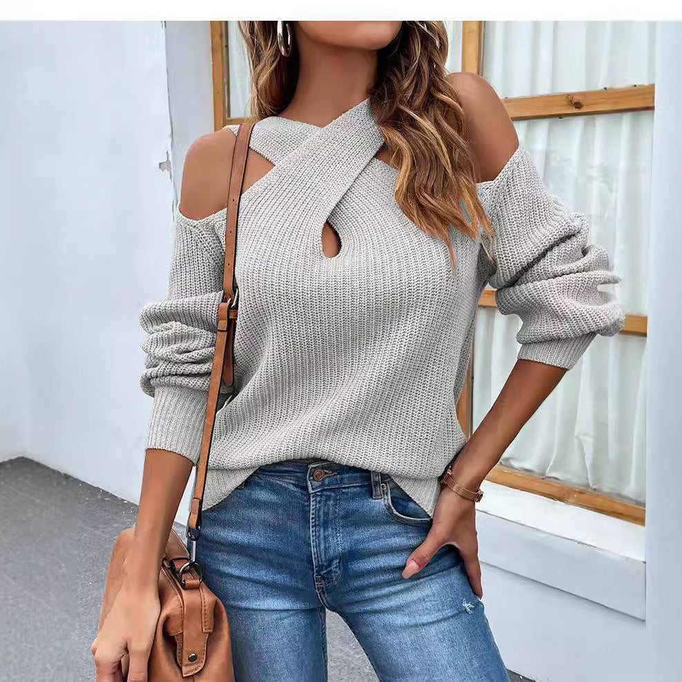 Dame strikbluse med asymmetrisk udsnit og åbne skuldrer Stilla