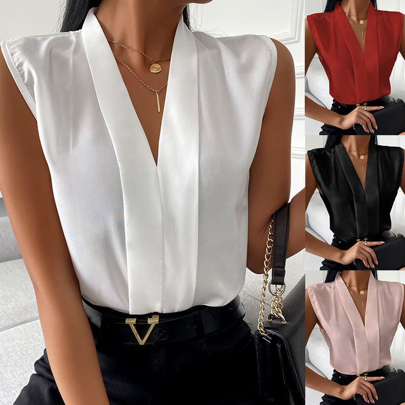 Dame elegant bluseshirt med dyb V-udskæring og glat fald Stilla