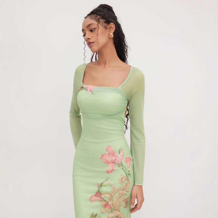 Dame elegant Midikjole med blomsterdesign og gennemsigtige lange ærmer Skovae