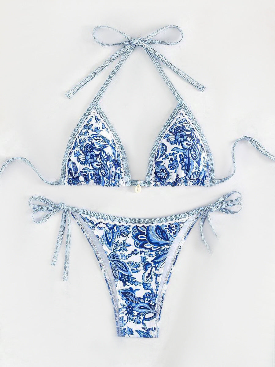 Dame Triangel-bikini med blomsteragtigt vintage-mønster Skovae