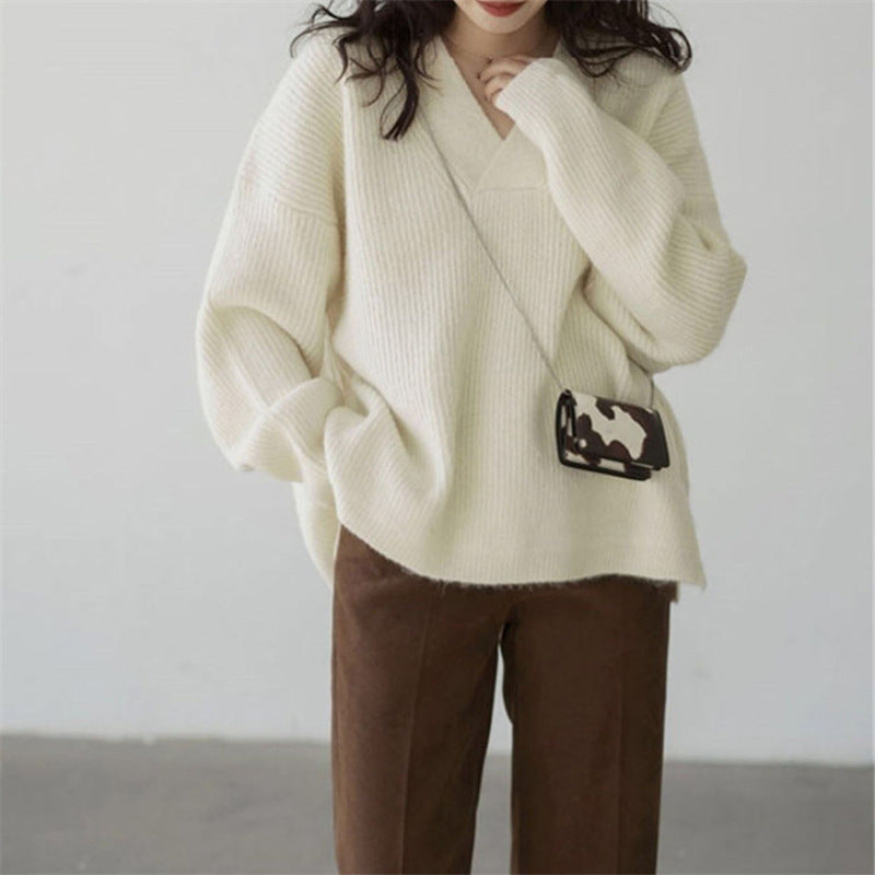 Femme V-udskæring Grovstrik Pullover Sweater Stilla