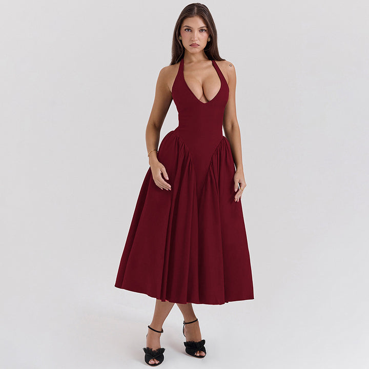 Dame maxikjole med elegant halterneck og voluminøs nederdel Stilla