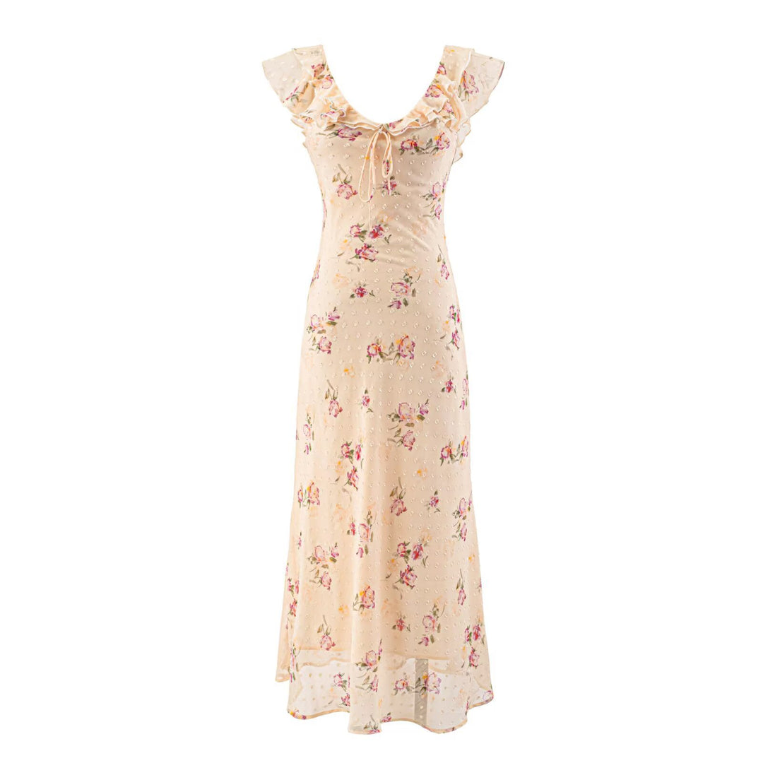 Dame maxikjole med blomstret design og elegante rucherdetaljer Skovae