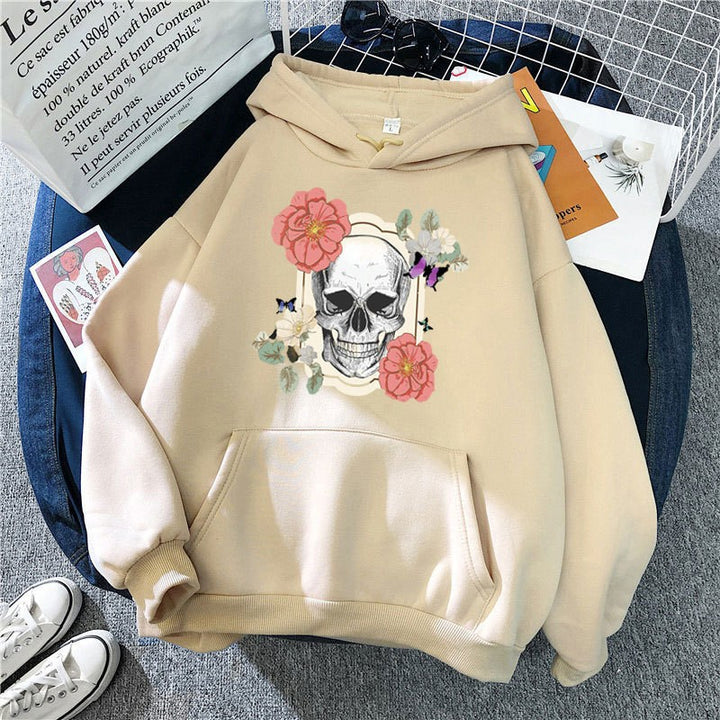 Kvindernes hoodie med detaljeret kraniedesign og blomsterprint Skovae
