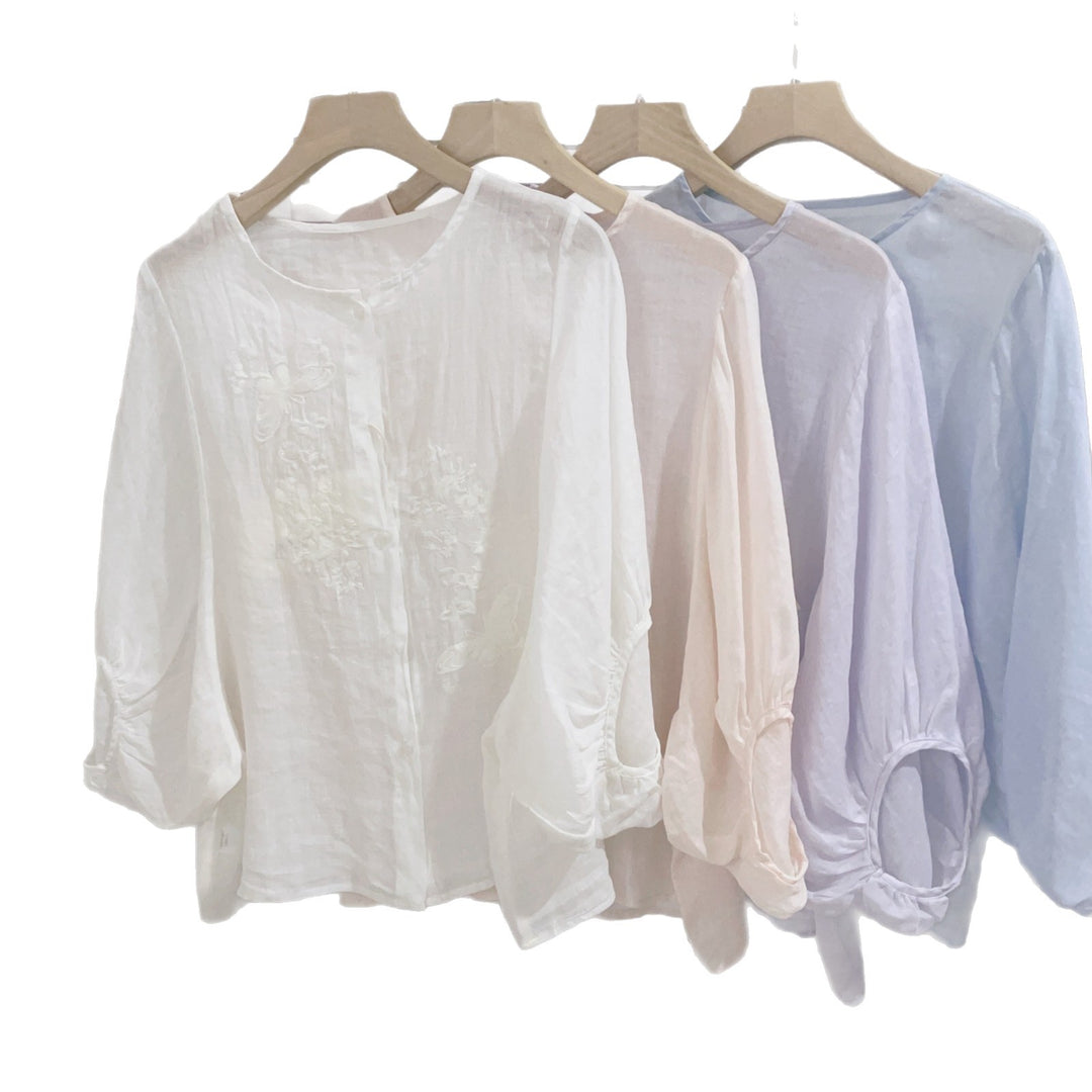 Dame Bestiklet Linned blouse med knapdetaljer Stilla