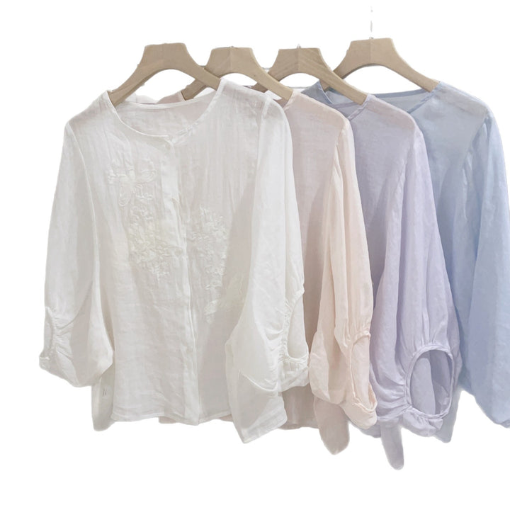 Dame Bestiklet Linned blouse med knapdetaljer Stilla