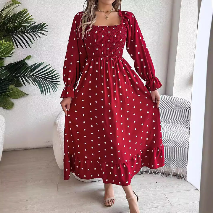 Dame Langærmet Midikjole med Polka-Dots og Flæsekant Stilla