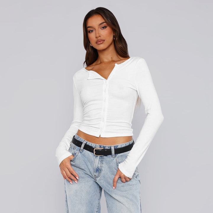 Dame langærmet knapdekoreret crop-top med raffineret krave Stilla