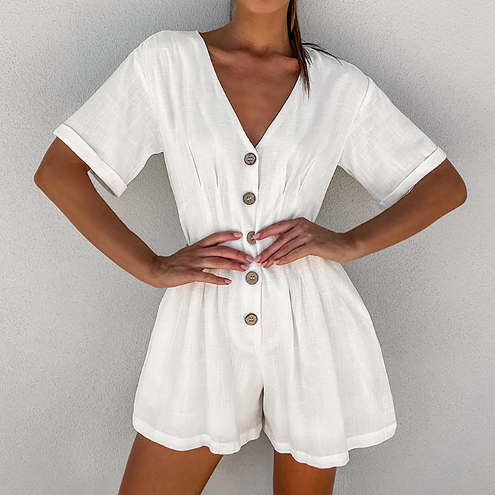Dame jumpsuit med smart V-udskæring og knapdekoreret front Stilla