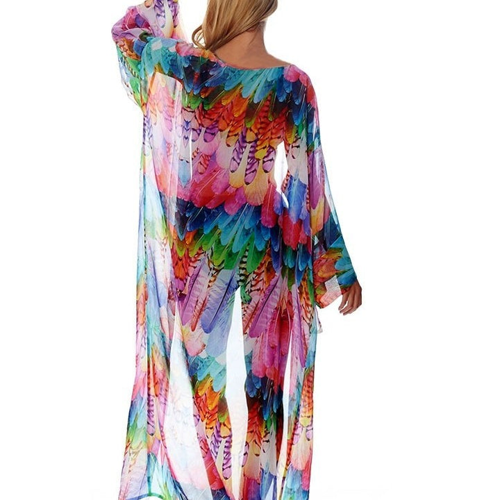 Dame strandkimono med farverigt fjerdesign Stilla