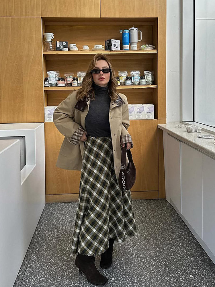 Dame afslappet Utility-jakke med mode plaid mønster Stilla
