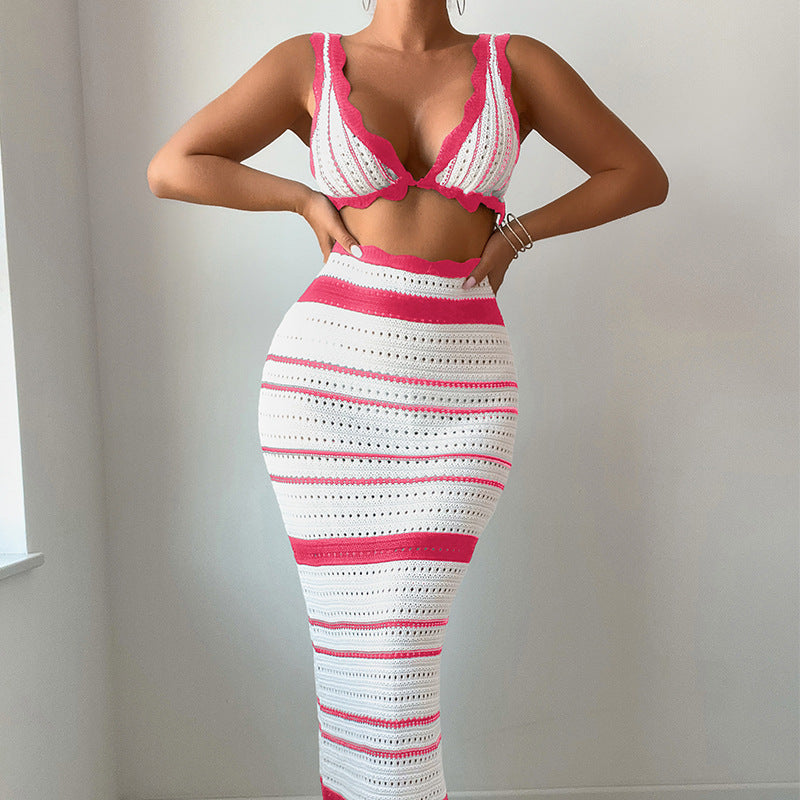 Dame Crop Top og Nederdel Ensemble i trendy Stribemønster Stilla