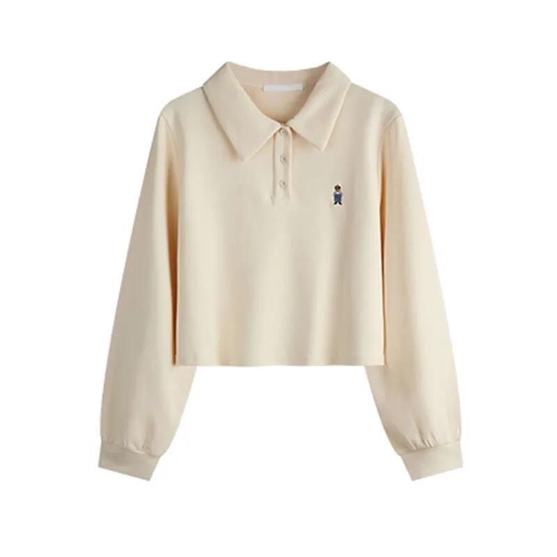 Dame skåret langærmet polo-top med stilfuld broderi Stilla