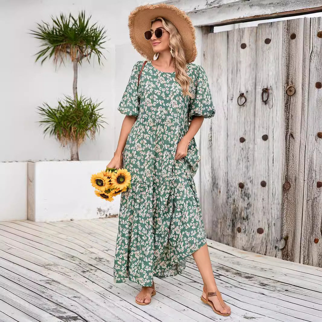 Dame Floral Lagdelt Maxikjole med Puffærmer Stilla
