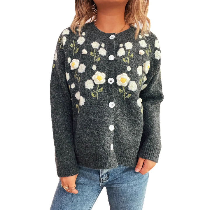 Kvinders cardigan med blomsterapplikationer og knaplukning Stilla