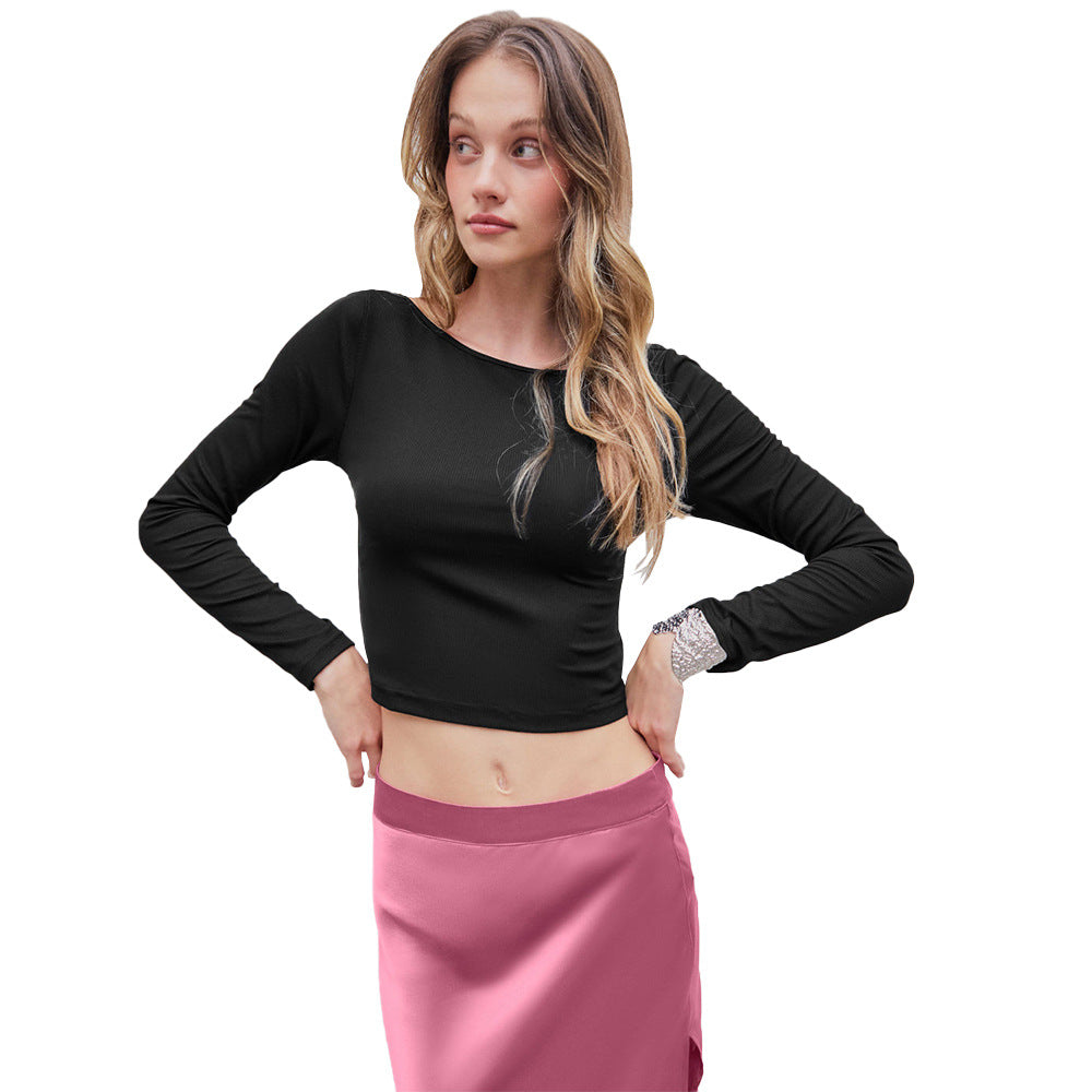 Dame cropped top med lange ærmer og elegant rund halsudskæring Stilla