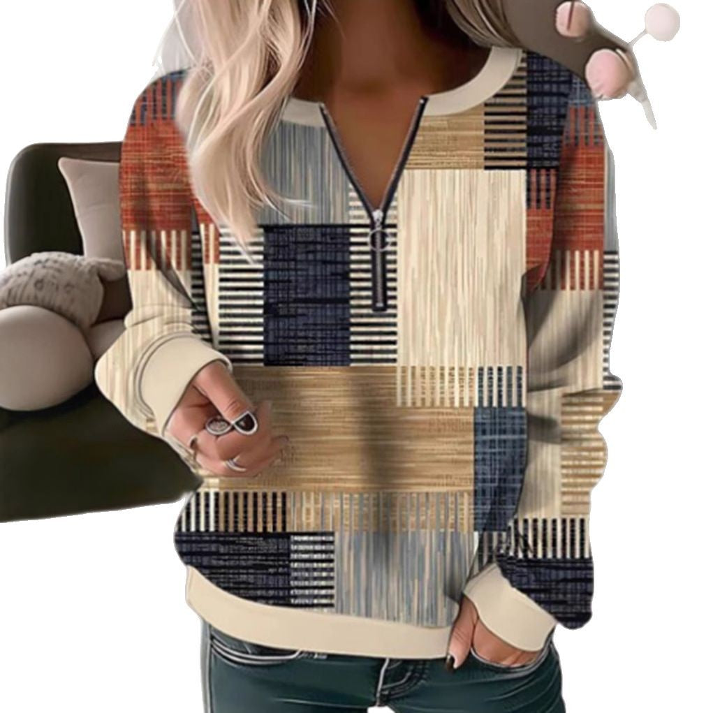 Kvinders sweatshirt med geometrisk grafisk design og høj krave lynlås Stilla
